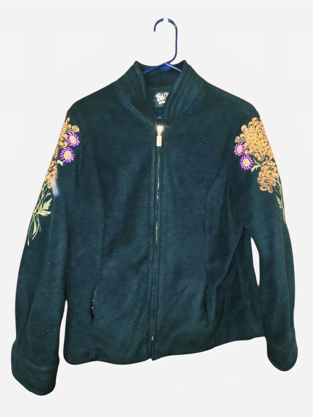Bob Mackie Wearable Art Black Floral Embroidered Fleece Jacket Small